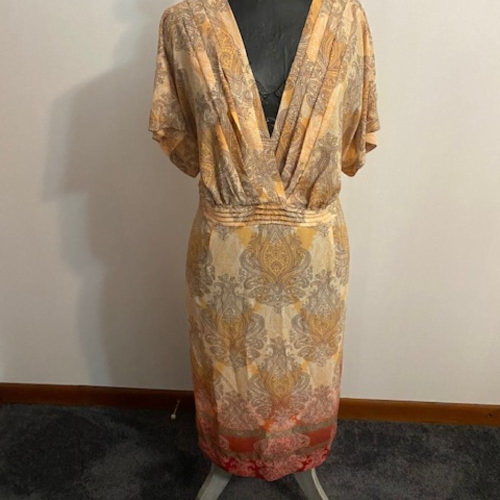Emma James Orange/Black/White Paisley print wrap front tie back, size 18W